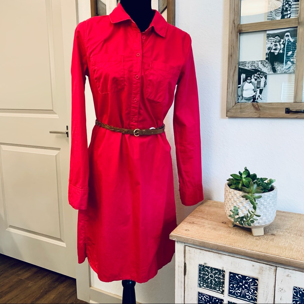 Fuchsia Long Sleeve Collard Shift Dress with Belt